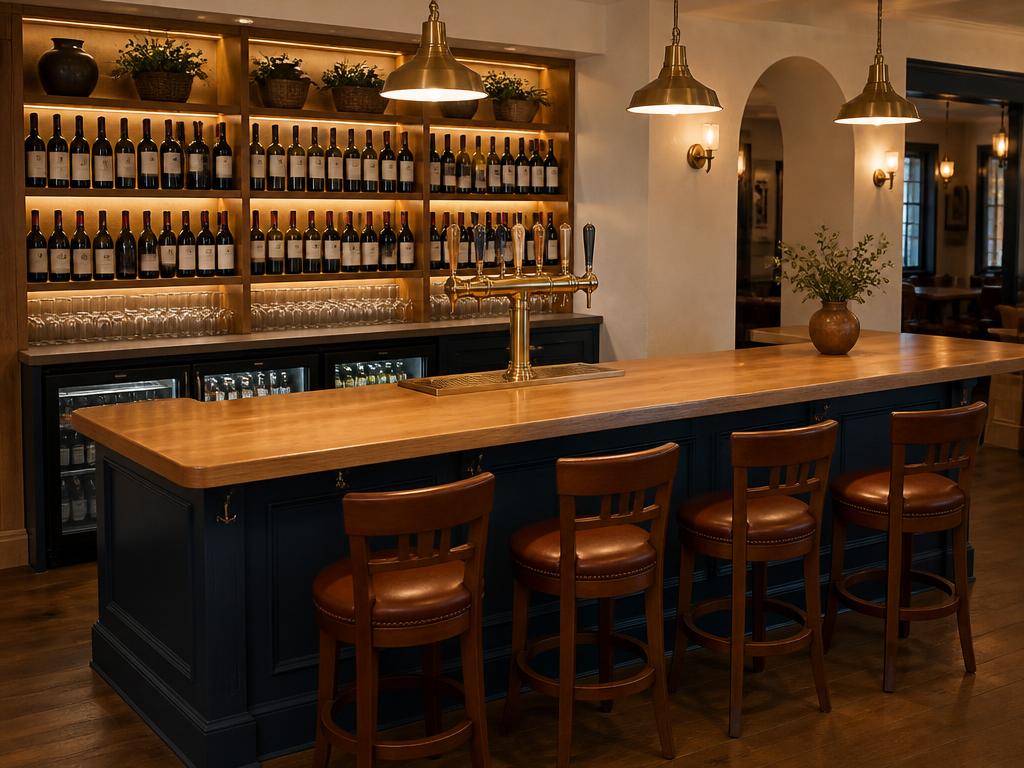 Six-tap beer tower, undercounter bottle coolers and glassware at a FishNChips beer and wine bar