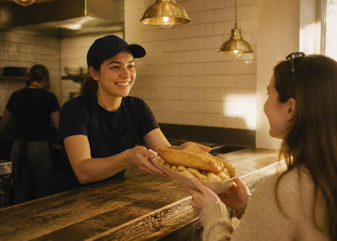 Smiling FishNChips team member handing a paper tray of fish and fries across the oak counter to a guest