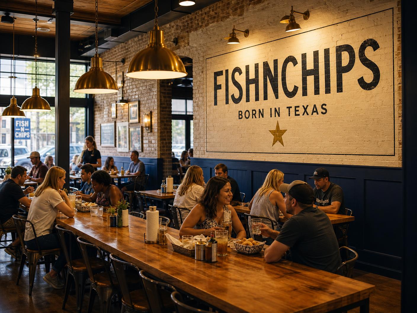 The long communal table inside a Destination format FishNChips dining room under warm brass pendant lights
