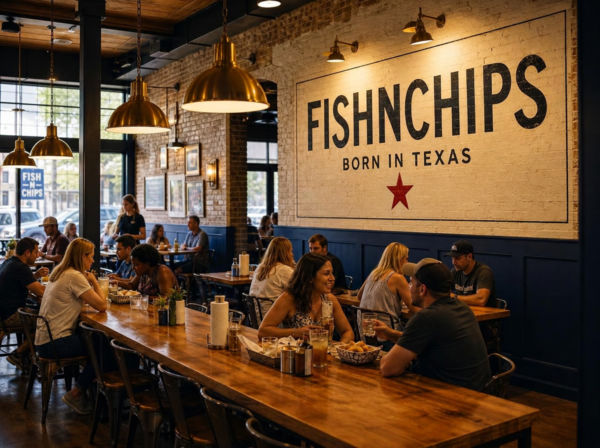 The long communal table inside a Destination format FishNChips dining room under warm brass pendant lights