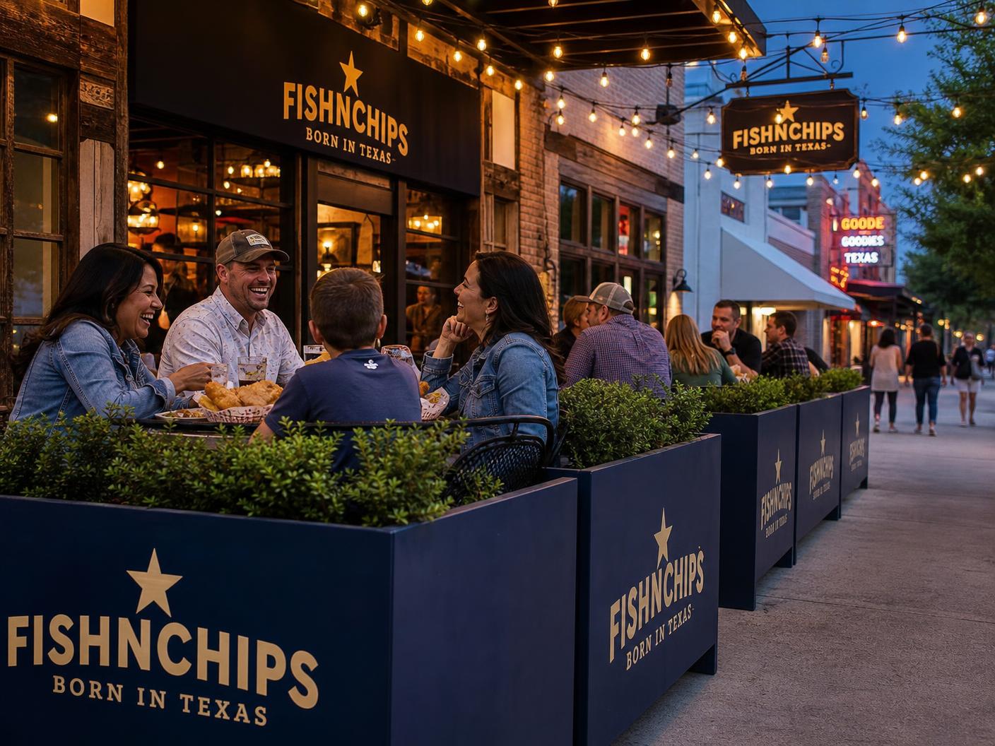 Sidewalk patio seating outside a downtown Texas FishNChips Destination location at golden hour