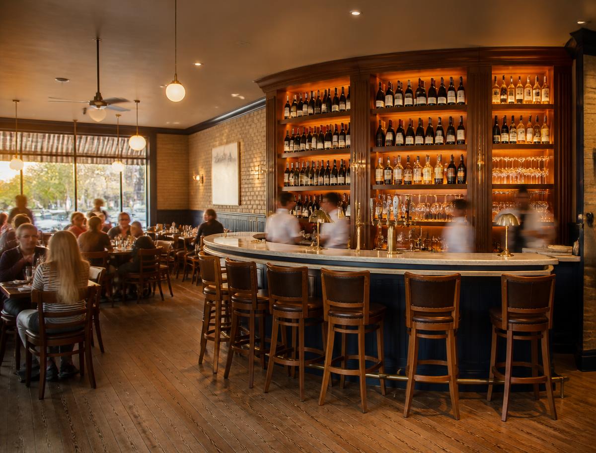 Small beer and wine bar in a Destination format FishNChips dining room, eight stools at a marble and navy bar with taps and a lit wine display