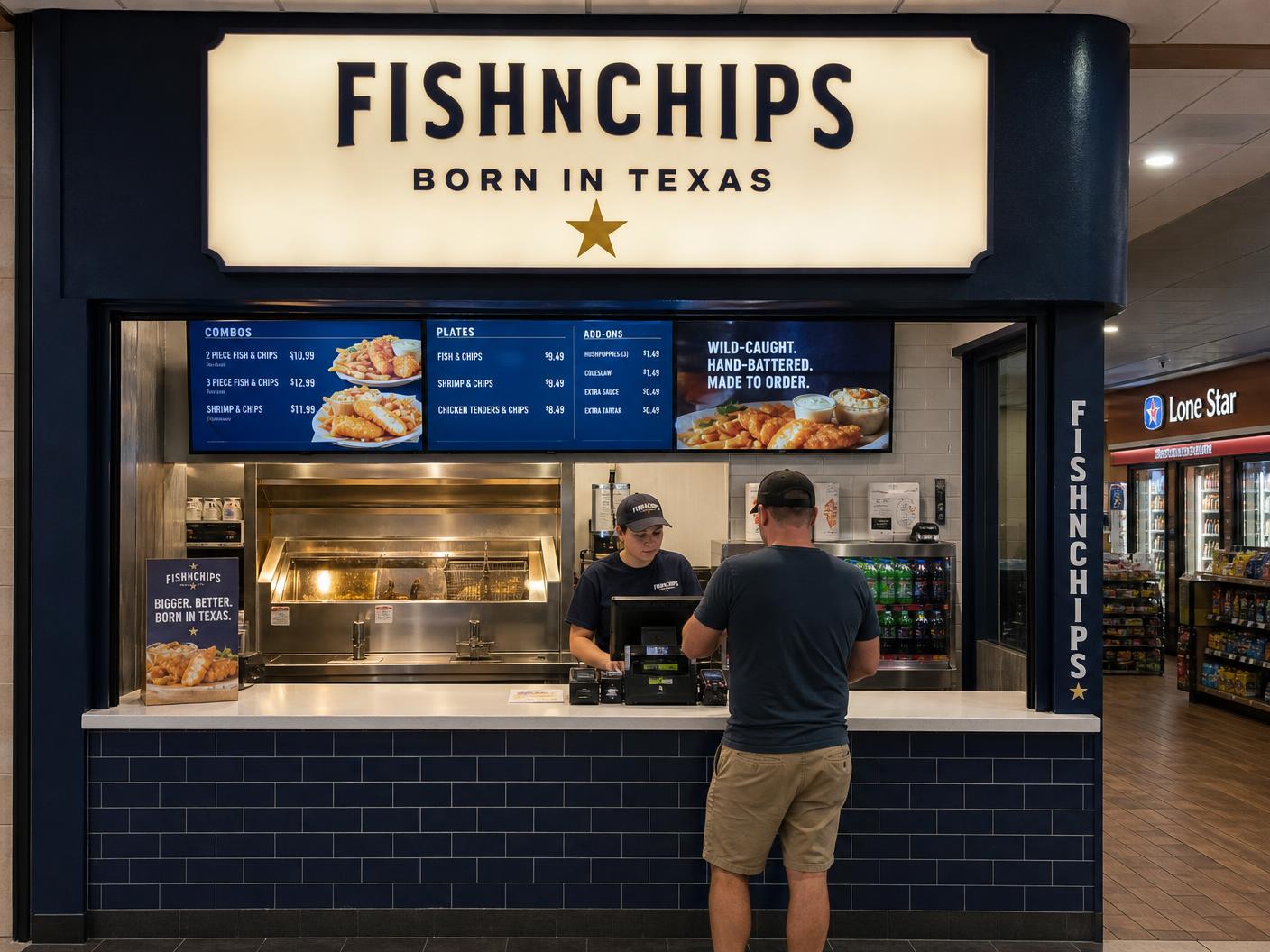 Express franchise fry line inside a Texas gas station travel center, with stainless fryers and kraft takeout bags on the pickup shelf