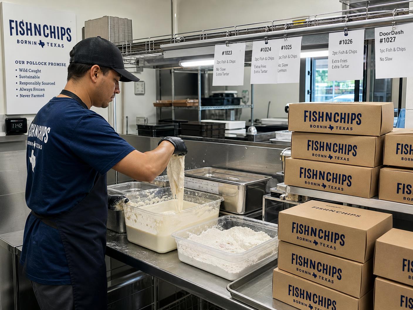 Team member handing a fresh FishNChips takeout box through an Express format pickup window