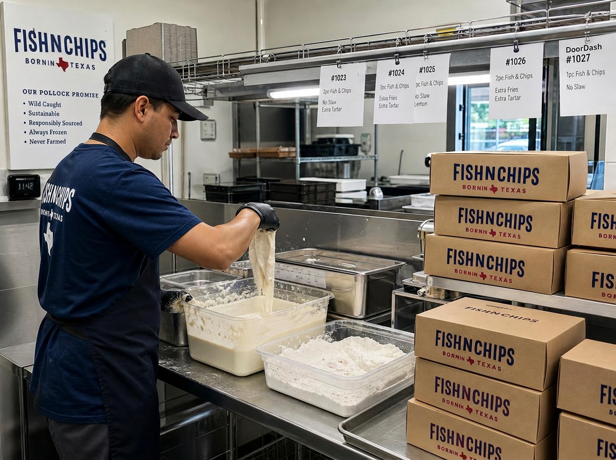 Team member handing a fresh FishNChips takeout box through an Express format pickup window