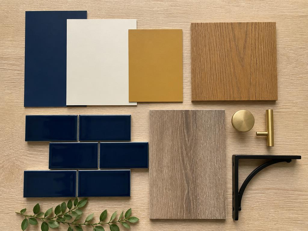 FishNChips finish board: navy, buttermilk and gold paint chips, harvest oak veneer, navy tile, vinyl plank and brass hardware
