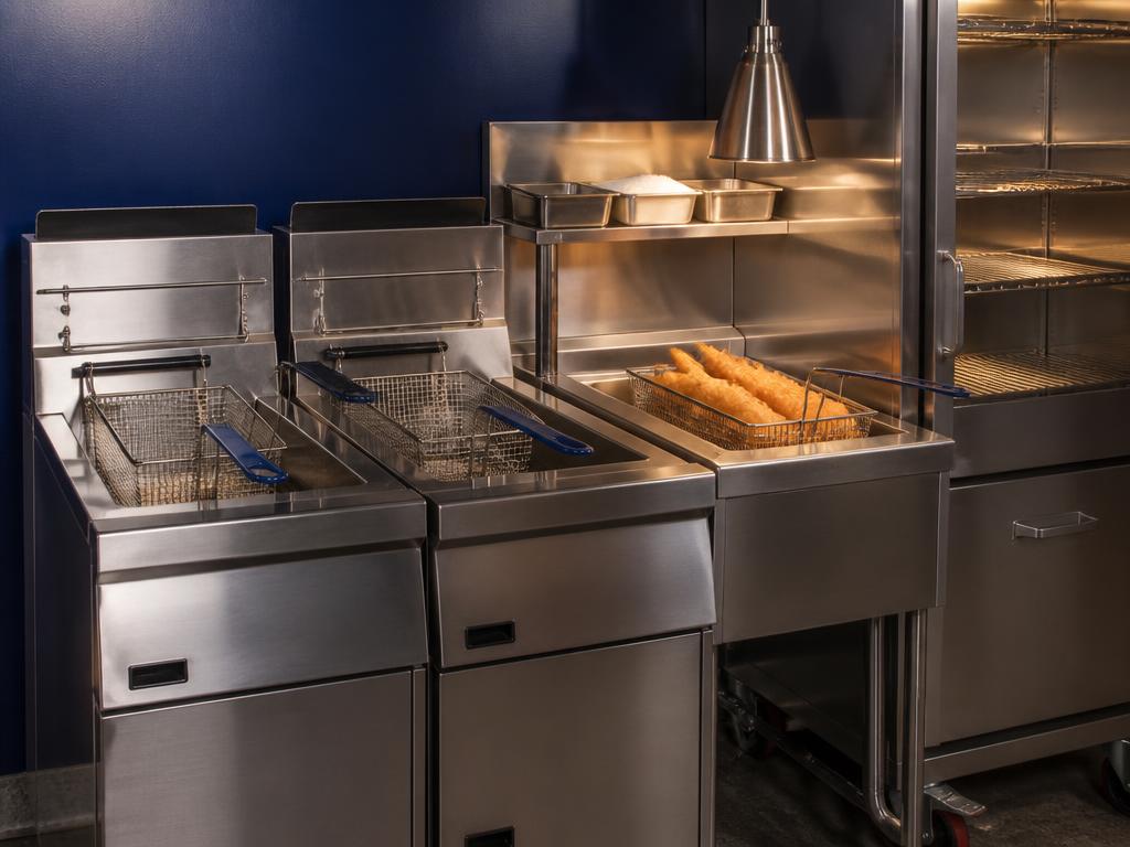 Stainless twin-vat commercial fryers with dump station and crisping table on the FishNChips fry line