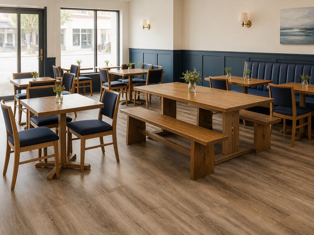 Harvest oak tables, navy upholstered chairs, communal table and banquette in a FishNChips dining room