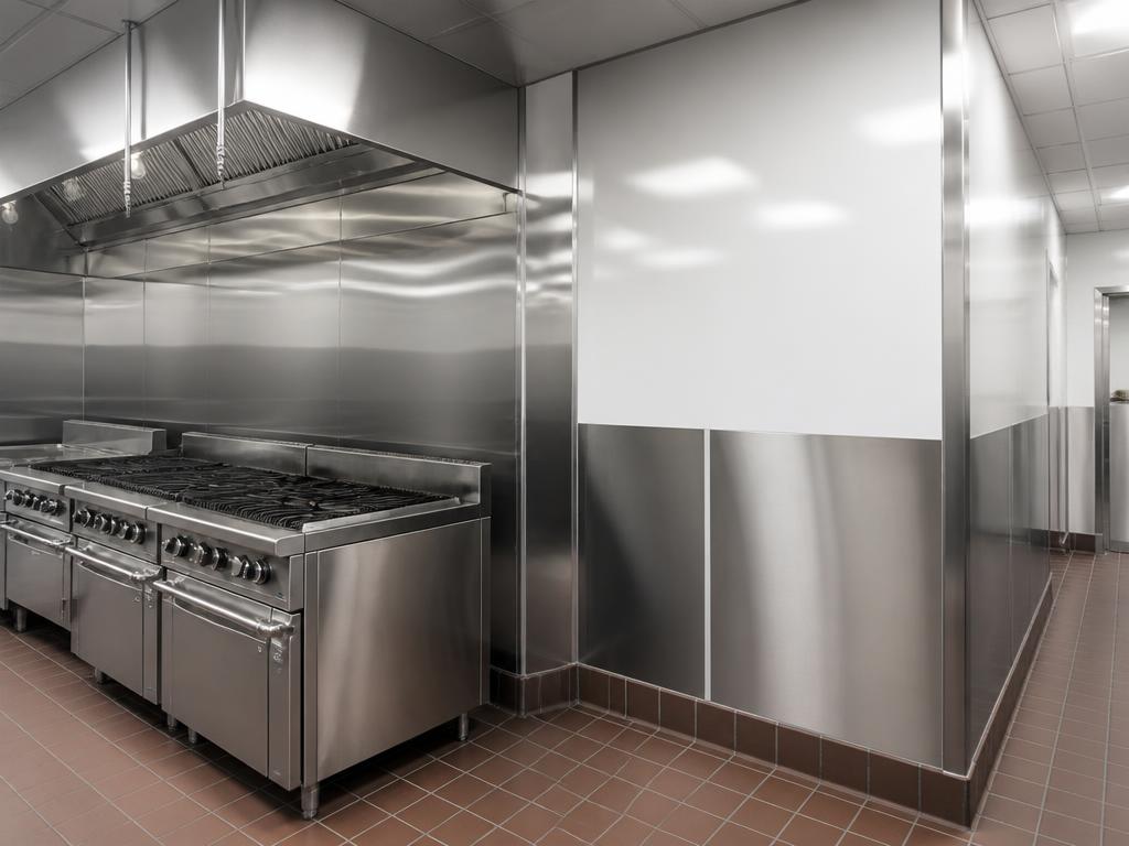 Quarry tile flooring with coved base, stainless and FRP wall panels and washable ceiling grid in a commercial kitchen