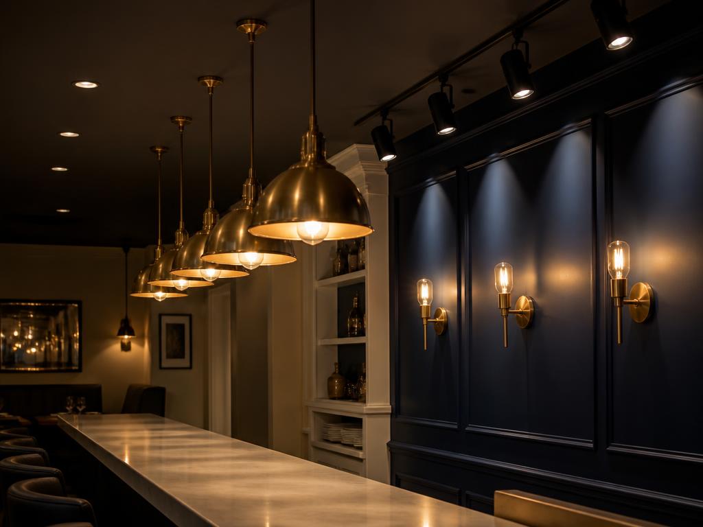 Brass dome pendants, track heads and wall sconces in warm 2700K light over a FishNChips counter