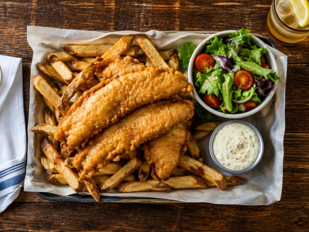 Three golden hand-battered fish fillets over a generous bed of fries with a fresh side salad