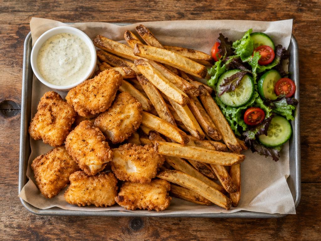 Eight golden crispy fish nuggets with hand-cut fries, fresh side salad and dipping sauce