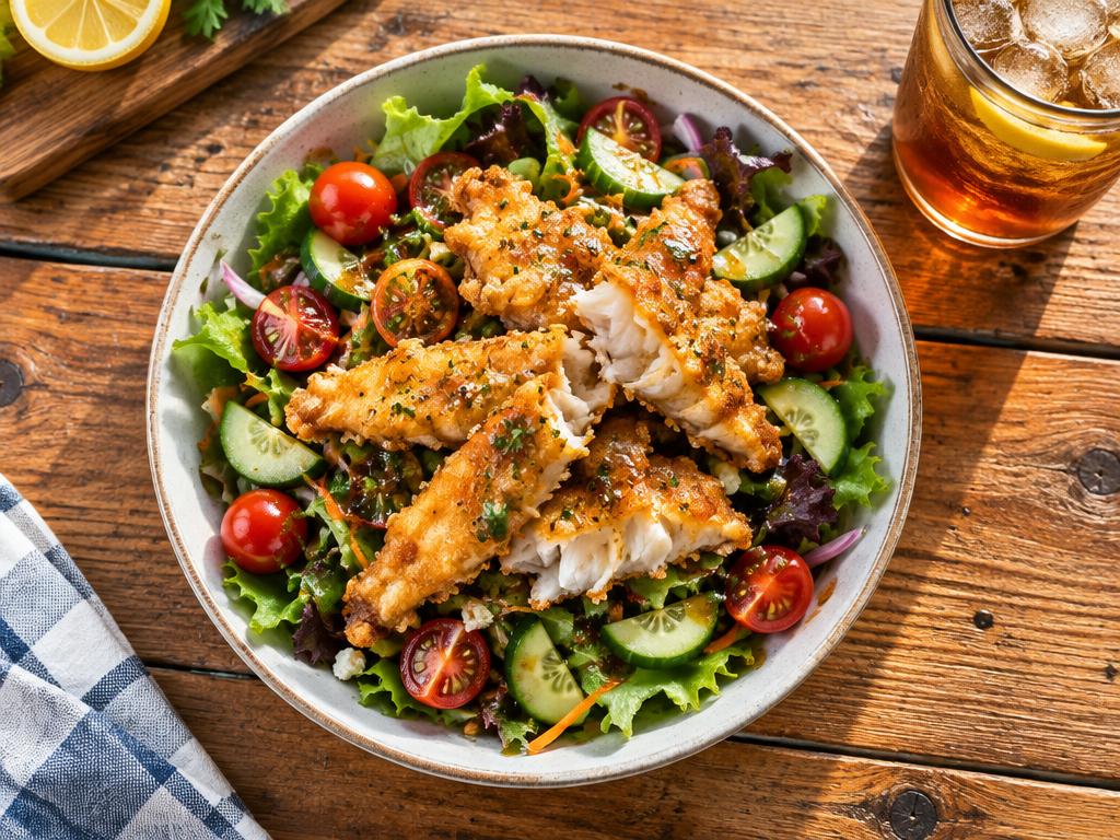 Crispy hand-battered fish over a fresh garden salad with tomatoes, cucumber and house vinaigrette