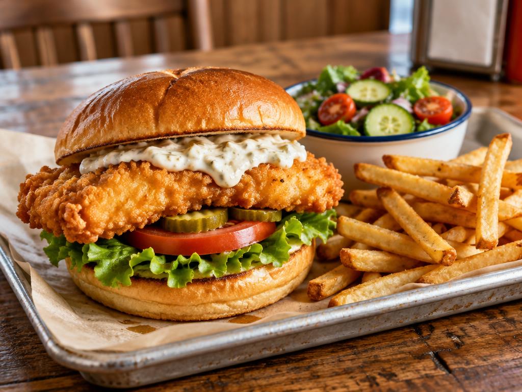 Crispy fried fish sandwich on a toasted bun with lettuce, tomato, pickles and tartar sauce