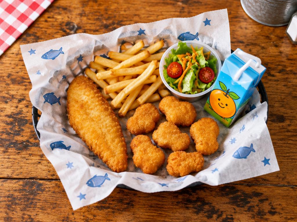 Kids meal with a small fried fish fillet, nuggets, small fries, a tiny salad and a kids drink