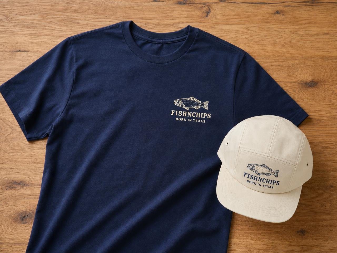 Tees & caps in FishNChips navy, cream and gold branding