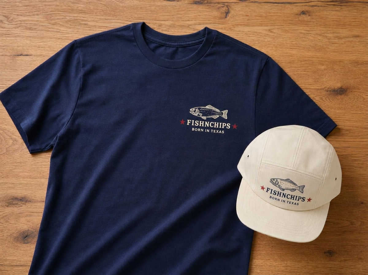 Tees & caps in FishNChips navy, cream and gold branding