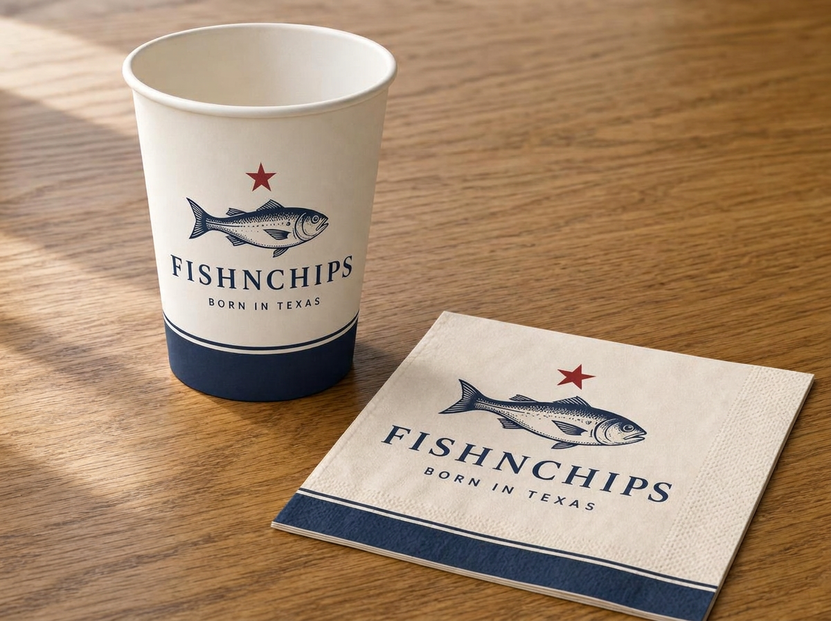 Cups & napkins in FishNChips navy, cream and gold branding