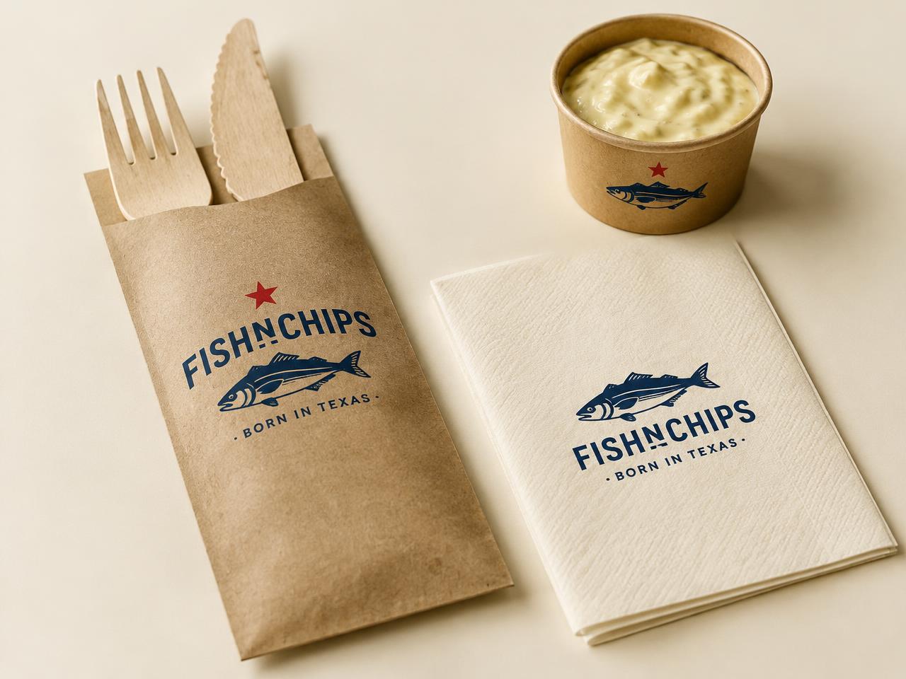 Cutlery & napkins printed with the FishNChips fish emblem in navy on kraft and cream stock