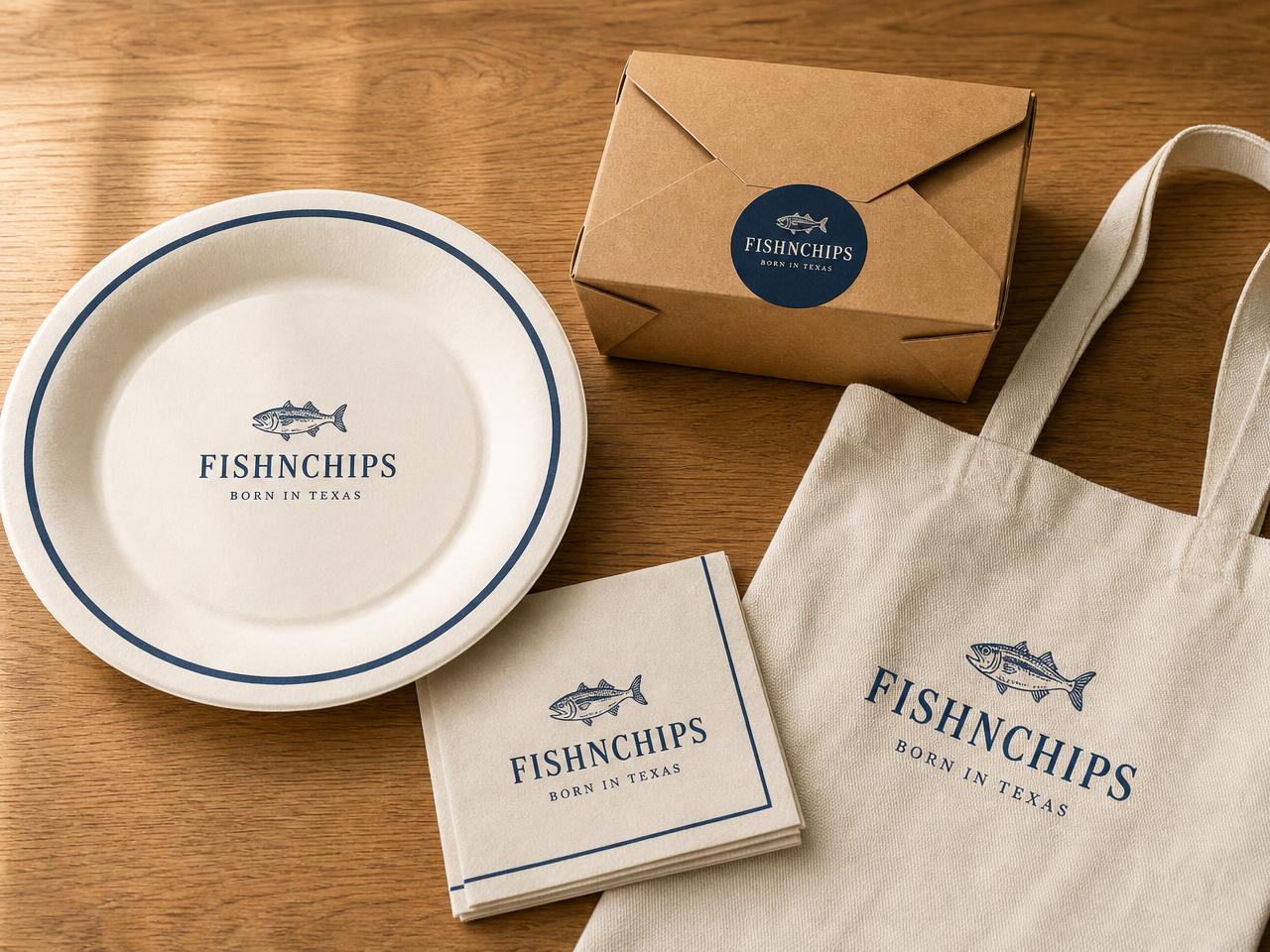 Paper plates & packaging in FishNChips navy, cream and gold branding