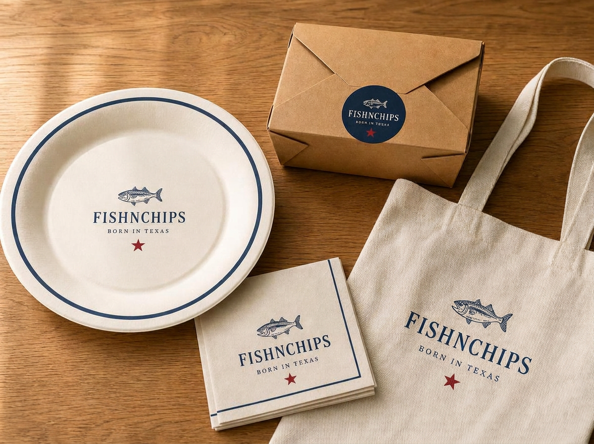 Paper plates & packaging in FishNChips navy, cream and gold branding