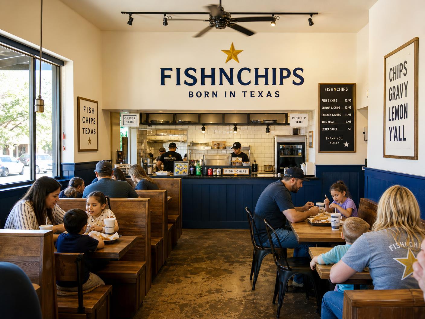 Guests seated at a window bar inside a Neighborhood format FishNChips shop, with the open fry line behind the counter