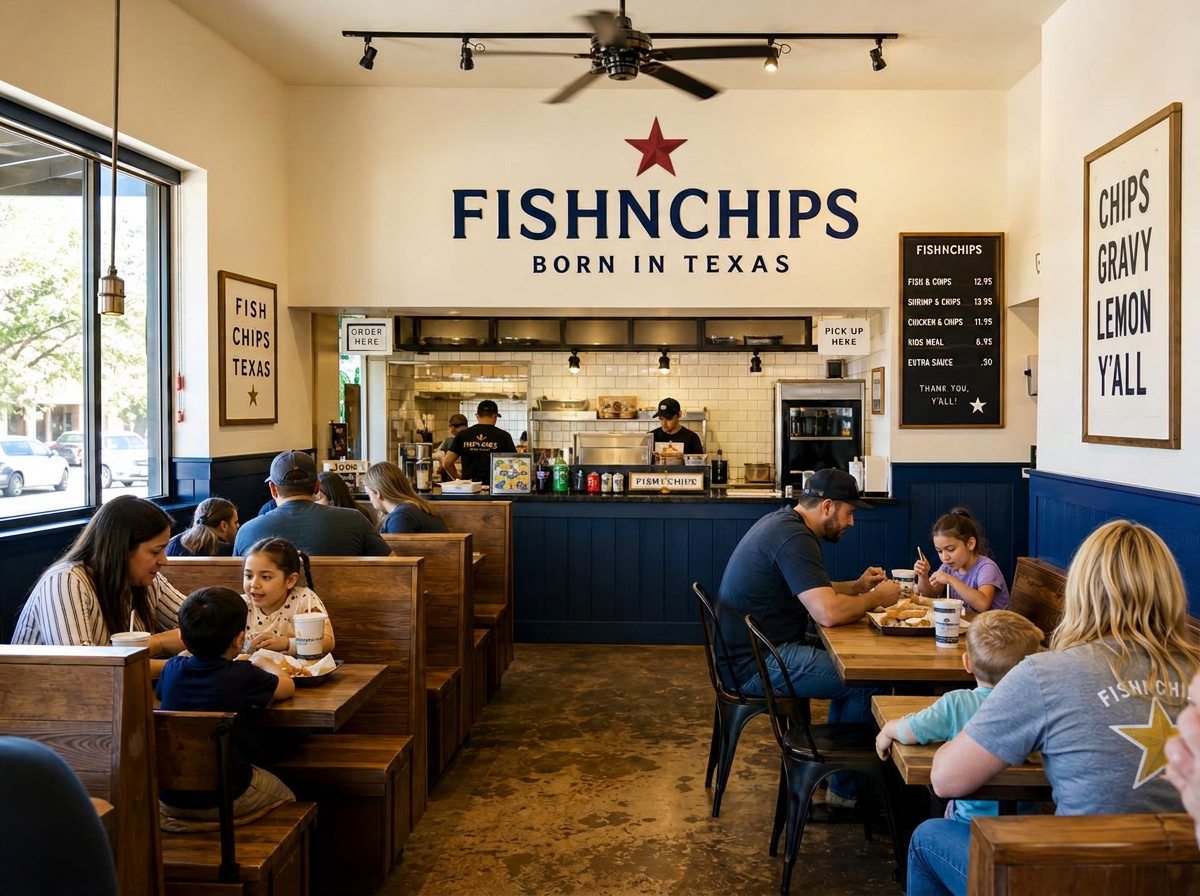 Guests seated at a window bar inside a Neighborhood format FishNChips shop, with the open fry line behind the counter