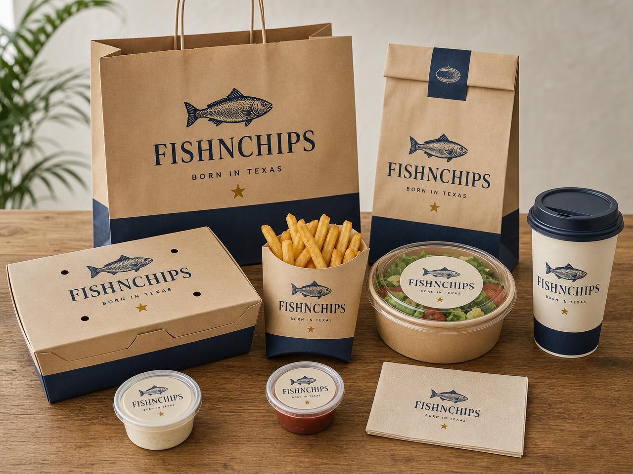 The complete package printed with the FishNChips fish emblem in navy on kraft and cream stock
