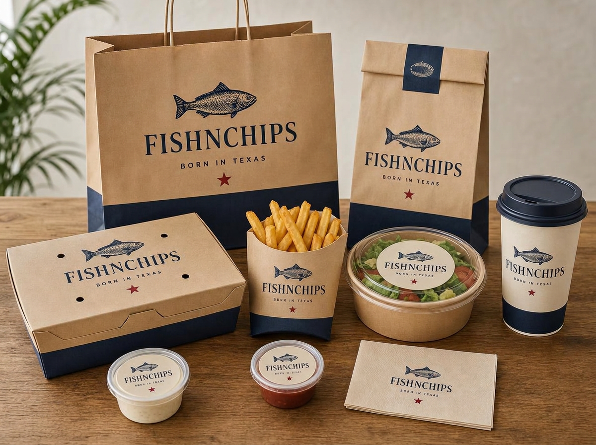 The complete package printed with the FishNChips fish emblem in navy on kraft and cream stock