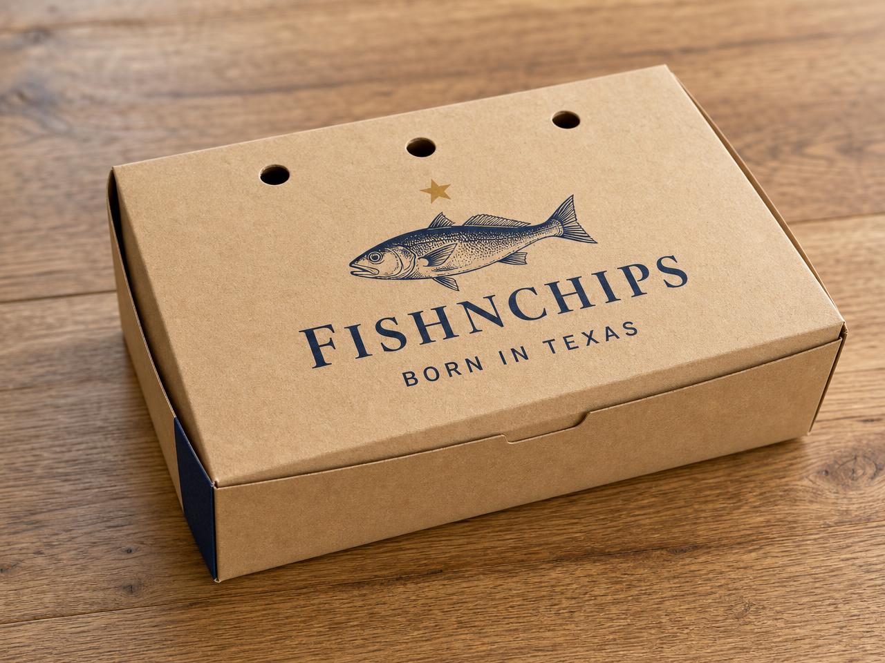 To-go boxes printed with the FishNChips fish emblem in navy on kraft and cream stock