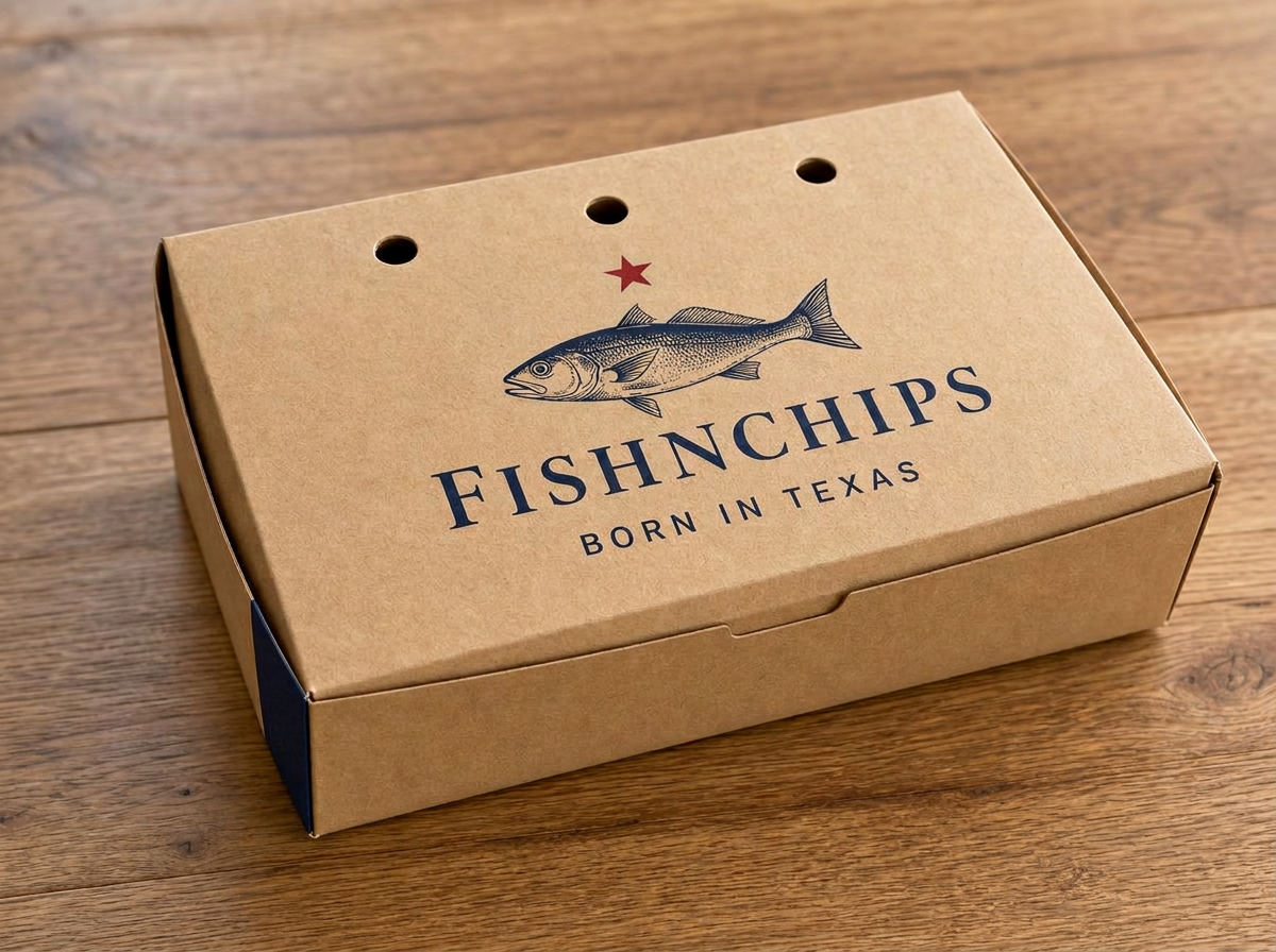To-go boxes printed with the FishNChips fish emblem in navy on kraft and cream stock