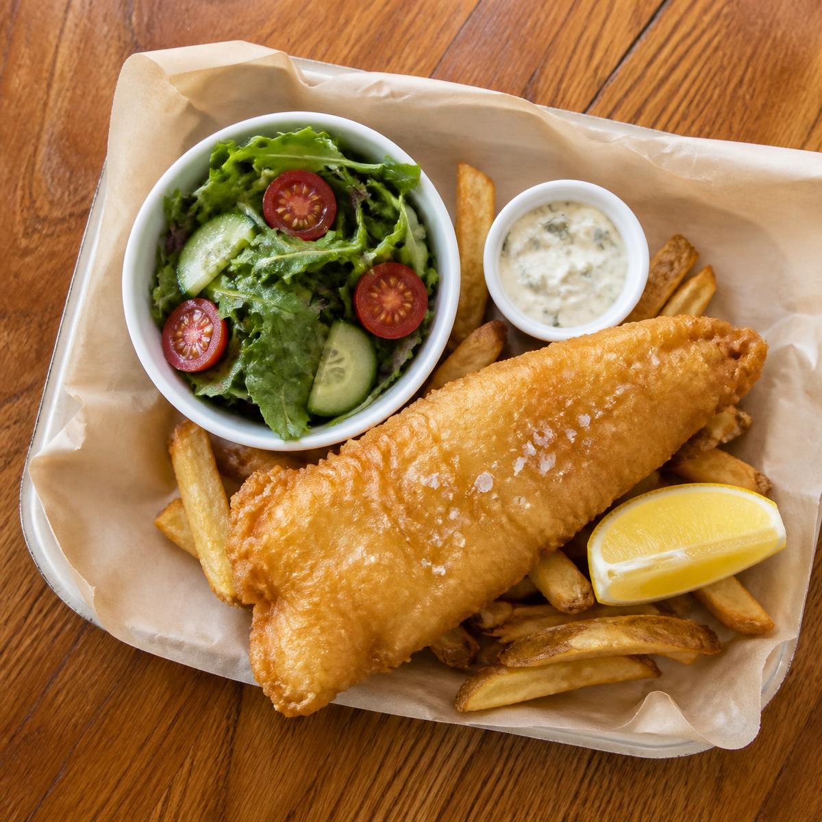 Hand-battered fish with hand-cut fries and tartar sauce
