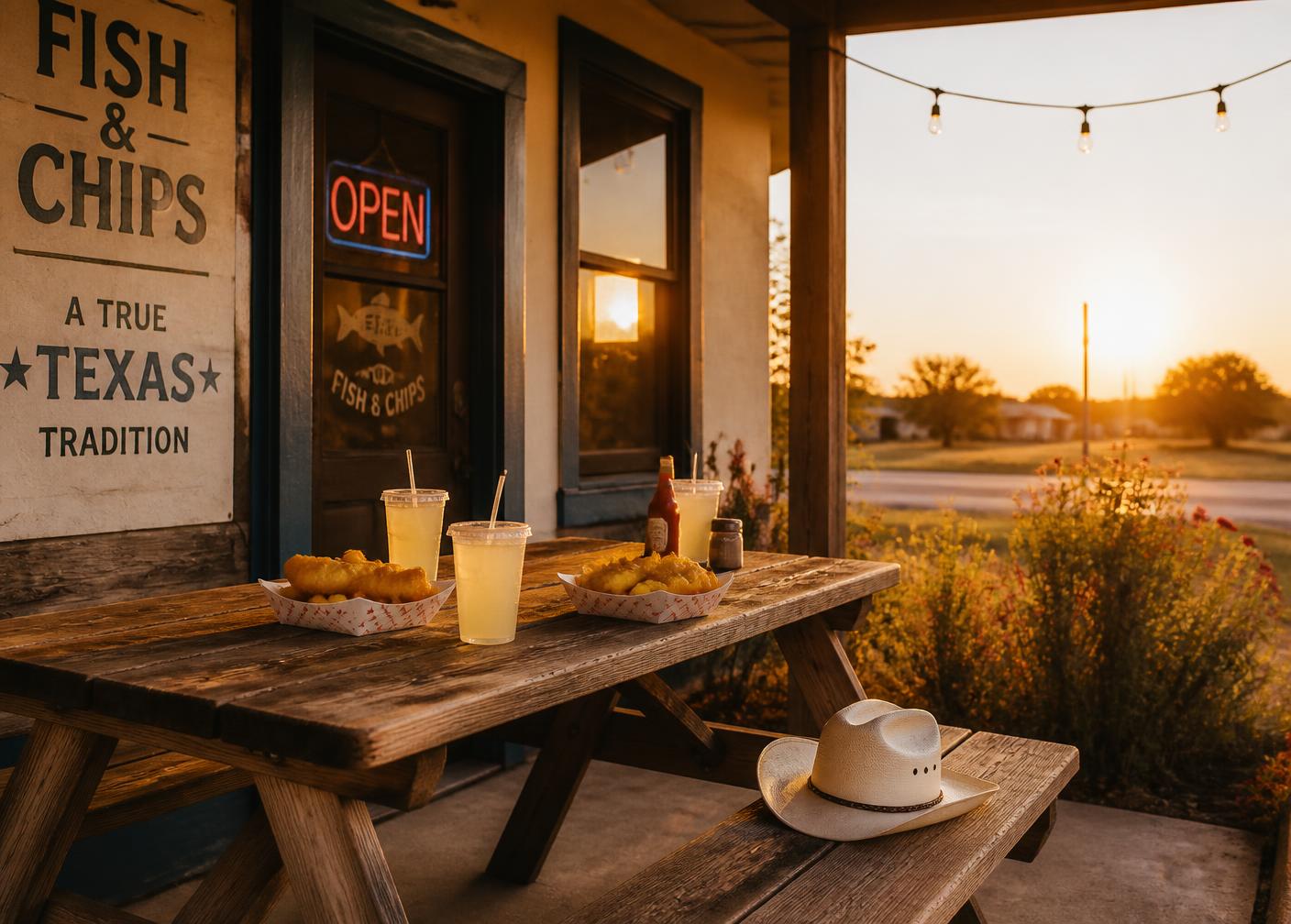 Picnic table and bench on the porch at golden hour with paper trays of fish and chips, lemonade and a straw cowboy hat