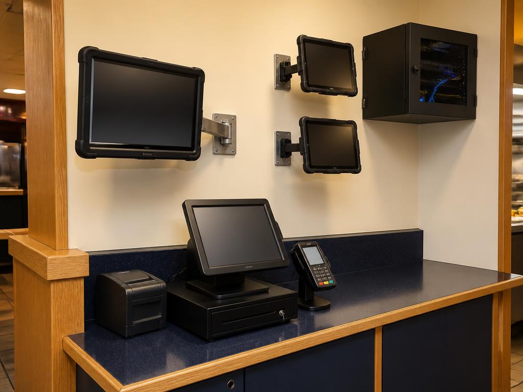 FishNChips counter POS terminal, card reader, receipt printer and kitchen display screens on wall arms