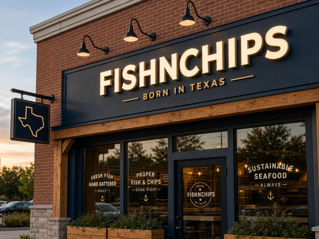 FishNChips storefront with illuminated channel-letter sign, Born in Texas gold sub-line and Texas blade sign