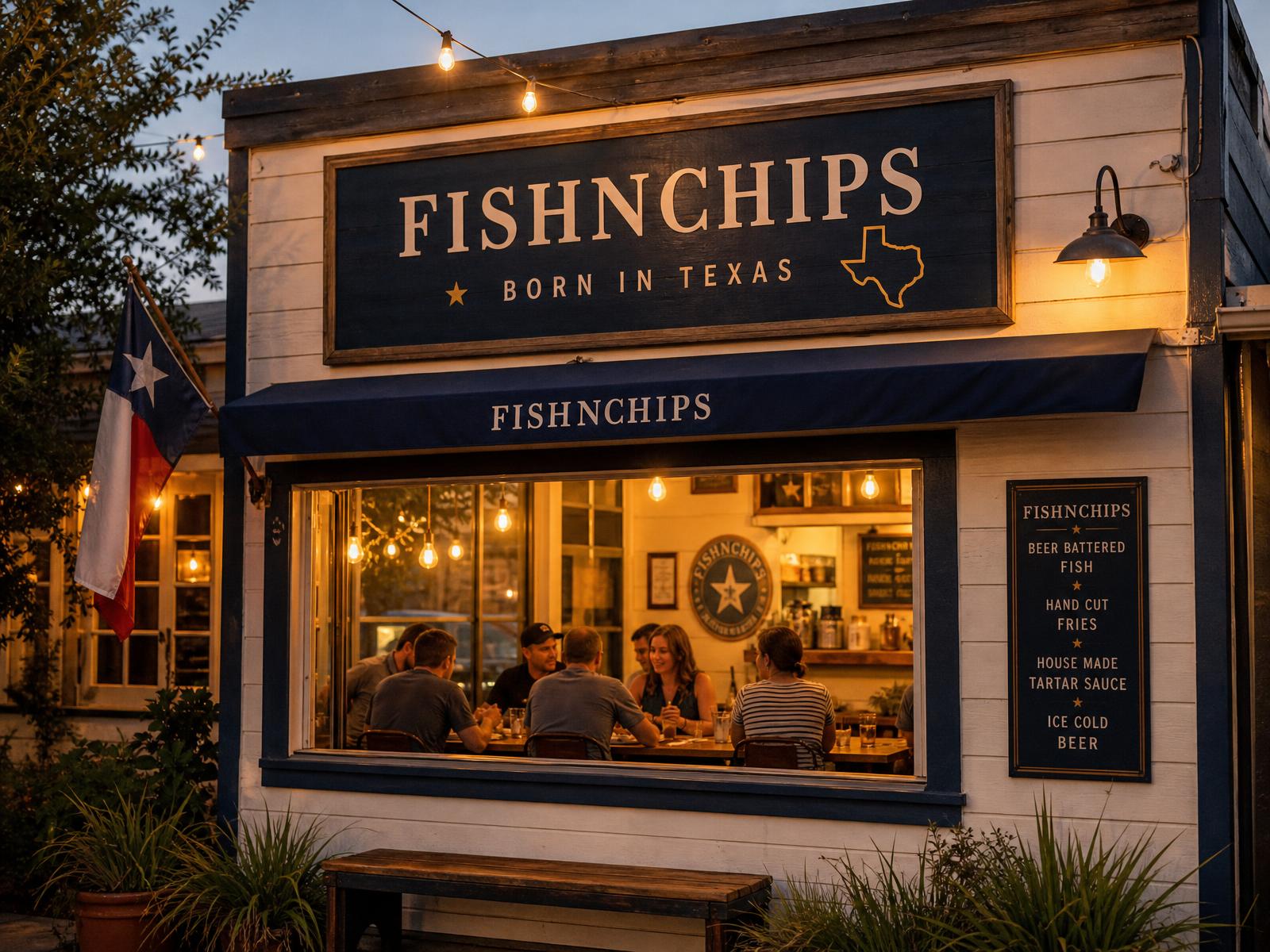 FishNChips Born in Texas storefront at dusk with warm string lights and a navy awning