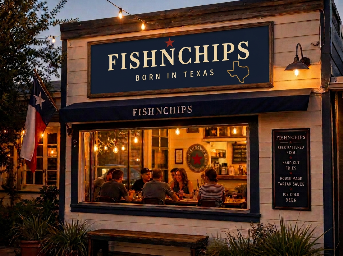 FishNChips Born in Texas storefront at dusk with warm string lights and a navy awning