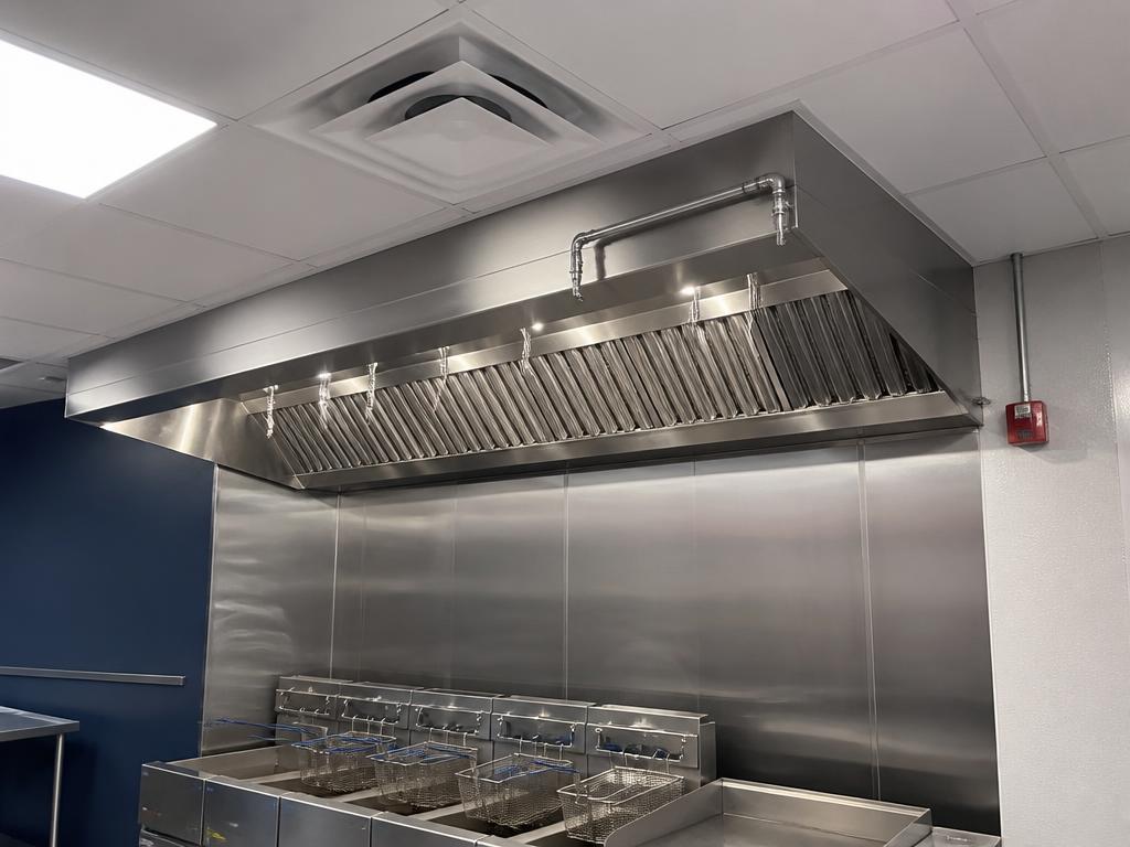 Type I stainless exhaust hood with baffle filters and wet-chemical fire suppression over a fry line